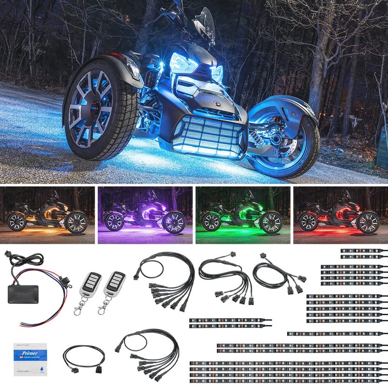 LEDGlow 20pc Advanced Million Color LED Neon Underglow Lighting Kit Fits CanAm Ryker Motorcycles Automatic Brake Lights Feature Waterproof Control Box wRemotes MultiColor Flexible Strips