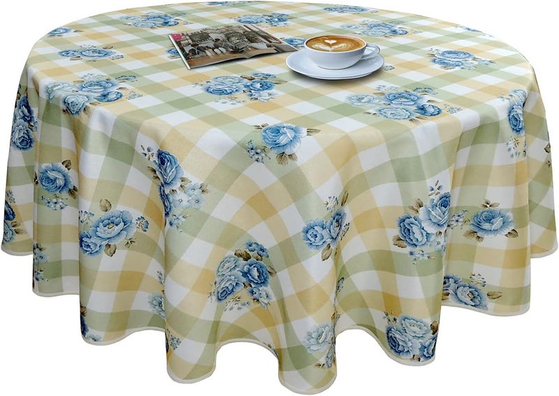 YEESSION Floral Print Polyester 48 Inch Round Tablecloth Stain Resistant and Waterproof Wine Tablecloth for Kitchen Dining Indoor Outdoor Buffet Tabletop Decoration(Green,Gold,White Checkered Rose) - Image 1