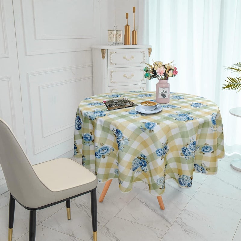 YEESSION Floral Print Polyester 48 Inch Round Tablecloth Stain Resistant and Waterproof Wine Tablecloth for Kitchen Dining Indoor Outdoor Buffet Tabletop Decoration(Green,Gold,White Checkered Rose) - Image 5