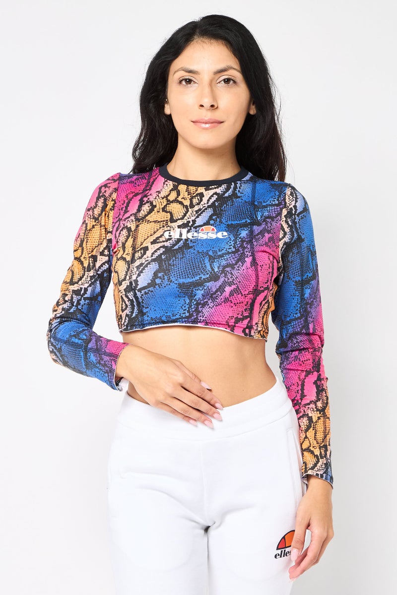 Ellesse Women Round Neck Long Sleeve Allover Print Crop Top, Multicolor - Image 1