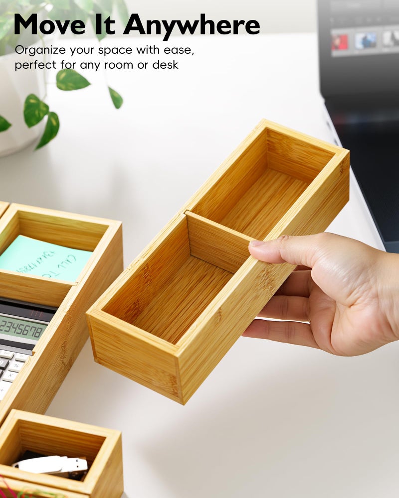 VA1KENE 12-Piece Bamboo Desk Drawer Organizer Set – Adjustable Storage Boxes with 24 Compartments, Non-Slip, Modular Design for Office, Jewelry, Vanity, and Kitchen Utensil Drawer Storage - Image 3
