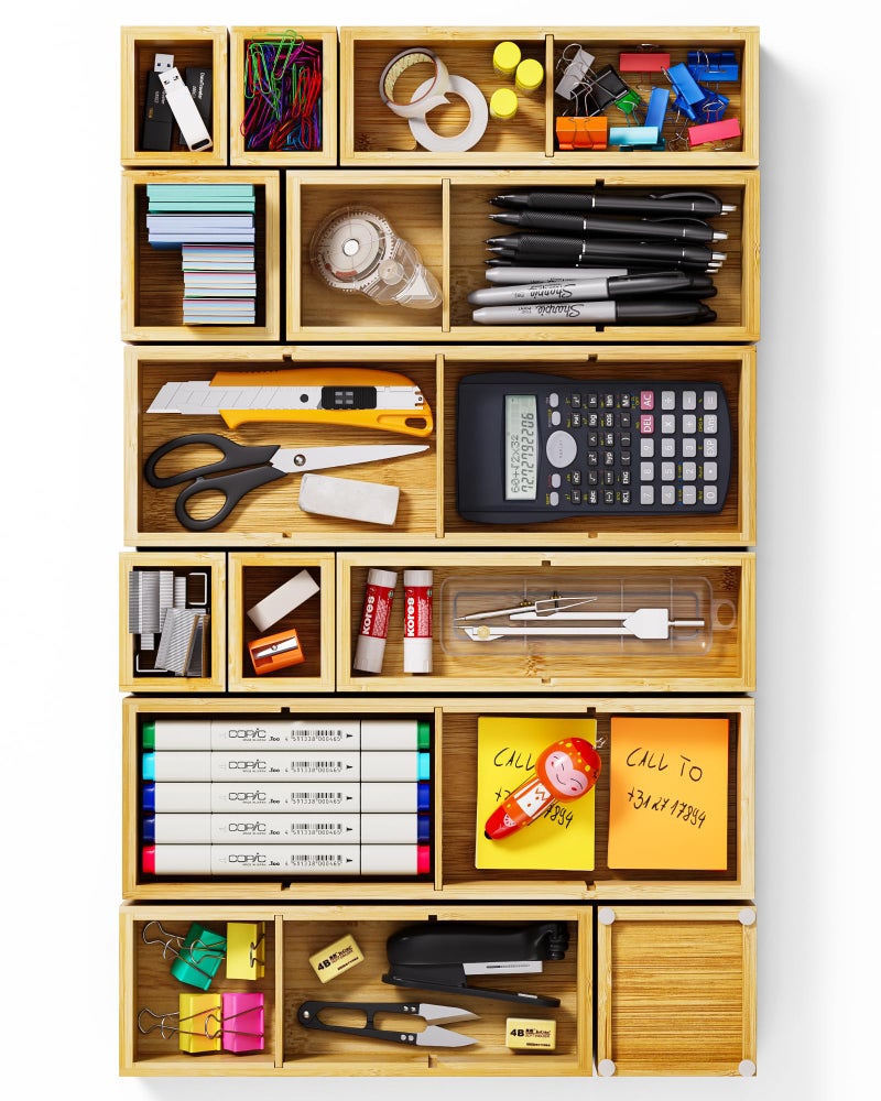 VA1KENE 12-Piece Bamboo Desk Drawer Organizer Set – Adjustable Storage Boxes with 24 Compartments, Non-Slip, Modular Design for Office, Jewelry, Vanity, and Kitchen Utensil Drawer Storage - Image 1