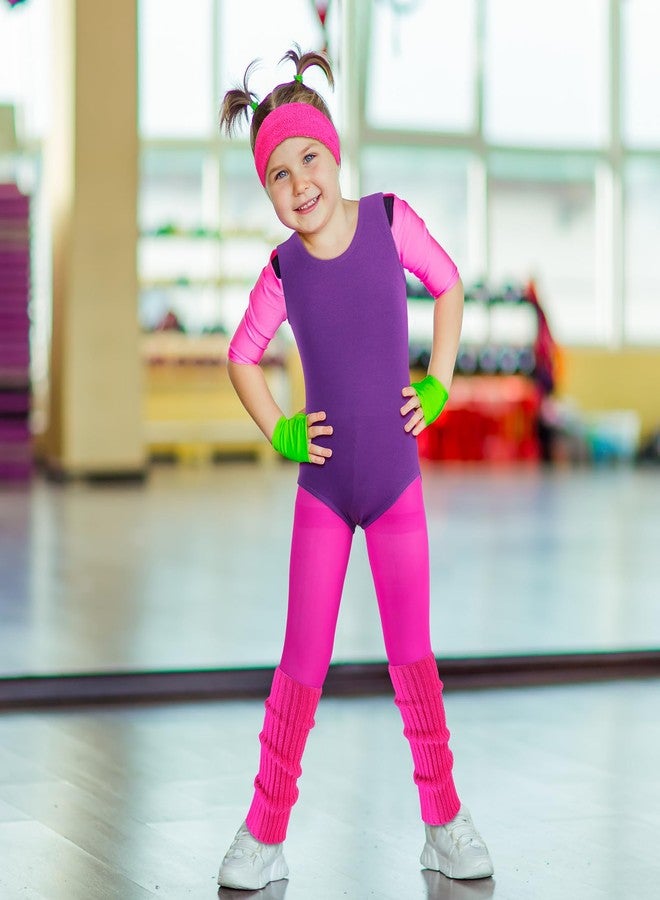 Giegxin Kids 80s Workout Costume Halloween Outfit Accessories Retro Neon Leotard Legging Headband Wristband Leg Warmers(Medium,Rose Red, Purple) - Image 4