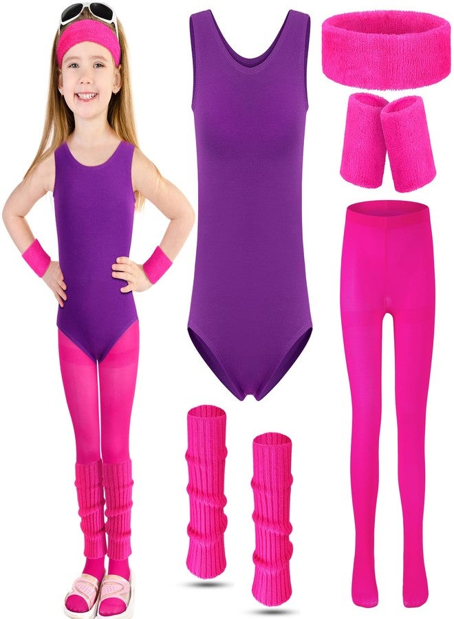 Giegxin Kids 80s Workout Costume Halloween Outfit Accessories Retro Neon Leotard Legging Headband Wristband Leg Warmers(Medium,Rose Red, Purple) - Image 1