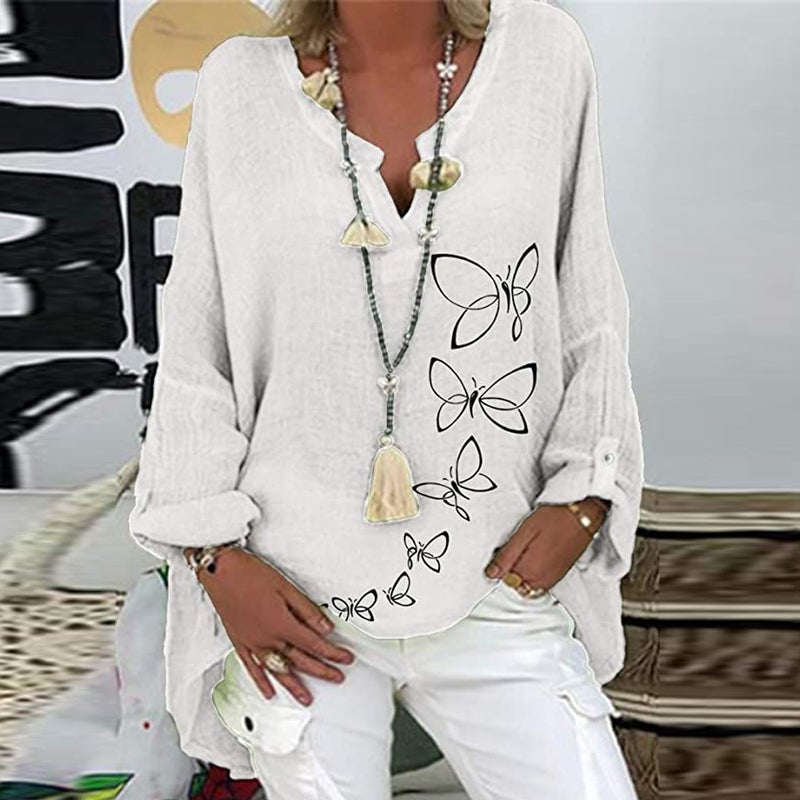 2022 Wish Explosions Top Best Selling V Collar Cotton Linen Plus Size Printed Shirt - Image 1