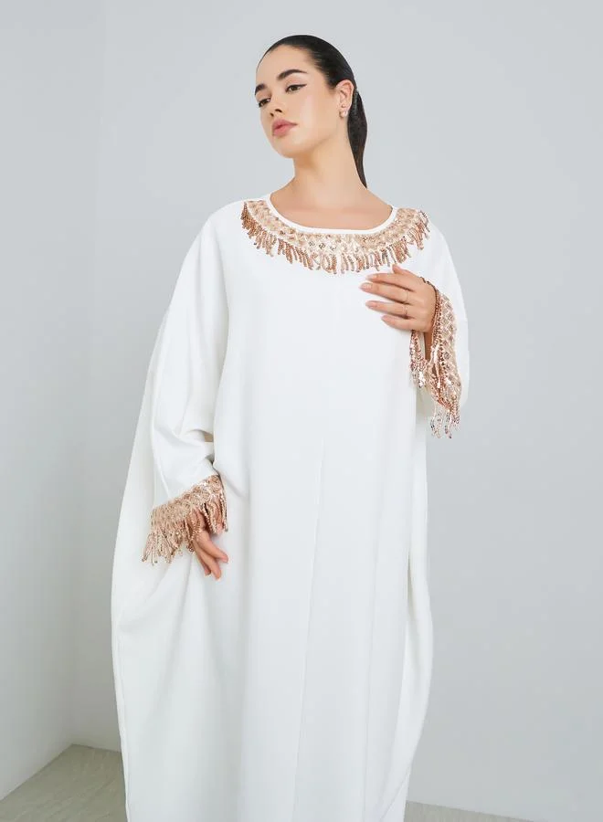 Amirah Women White Embellished Batwing Sleeve Kaftan