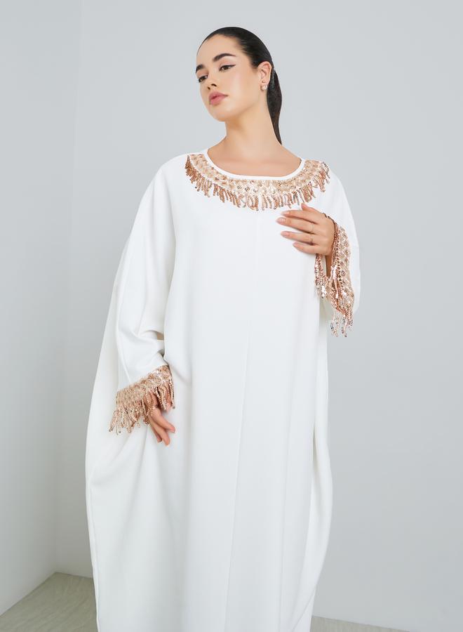 Amirah Women White Embellished Batwing Sleeve Kaftan - Image 2
