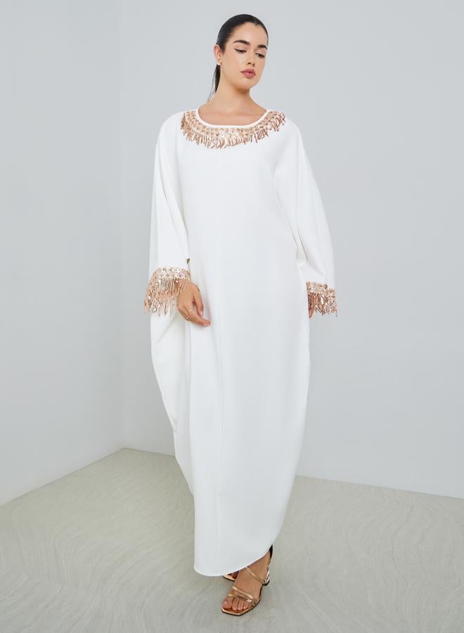 Amirah Women White Embellished Batwing Sleeve Kaftan - Image 1