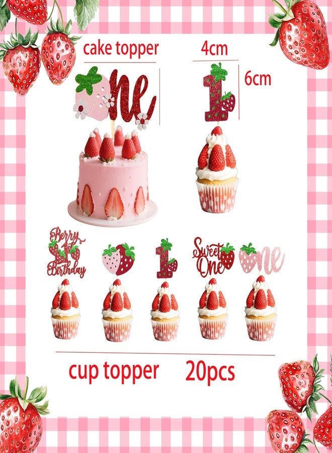 BEOXAGAR Berry 1st Birthday Cake Topper，Sweet One Strawberry Cupcake Toppers，Sweet Fruit Theme First Birthday Strawberry One Cake Pink One Decoration for Baby Shower Party - Image 5