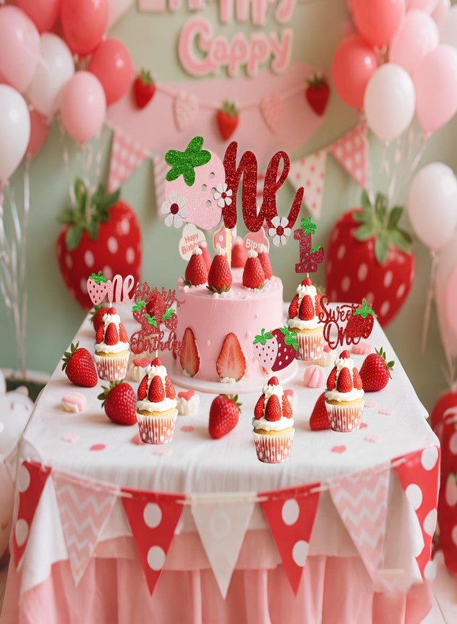 BEOXAGAR Berry 1st Birthday Cake Topper，Sweet One Strawberry Cupcake Toppers，Sweet Fruit Theme First Birthday Strawberry One Cake Pink One Decoration for Baby Shower Party - Image 3