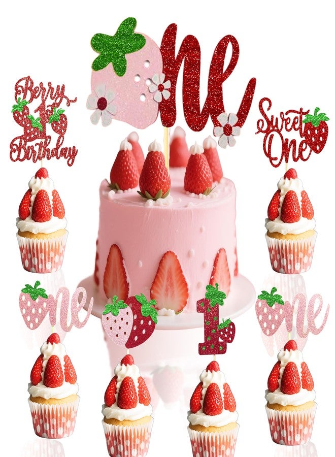 BEOXAGAR Berry 1st Birthday Cake Topper，Sweet One Strawberry Cupcake Toppers，Sweet Fruit Theme First Birthday Strawberry One Cake Pink One Decoration for Baby Shower Party - Image 1