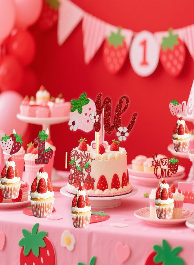 BEOXAGAR Berry 1st Birthday Cake Topper，Sweet One Strawberry Cupcake Toppers，Sweet Fruit Theme First Birthday Strawberry One Cake Pink One Decoration for Baby Shower Party - Image 2