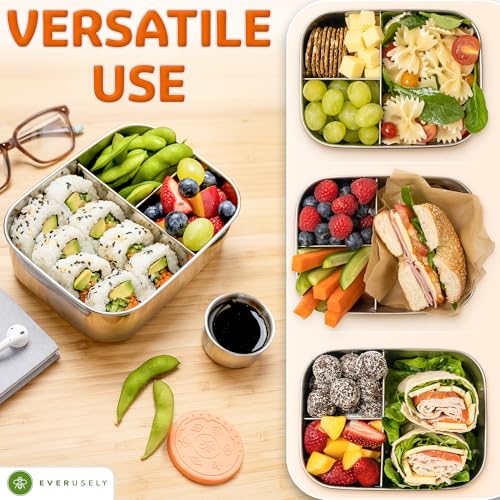 Everusely - Bento Box - Orange, 27oz / 0.8 L - Stainless Steel Lunch Box with Leakproof Condiment Container - 3 Compartment Snack Organizer for On the Go Meals - Freezer & Dishwasher Safe - Image 5