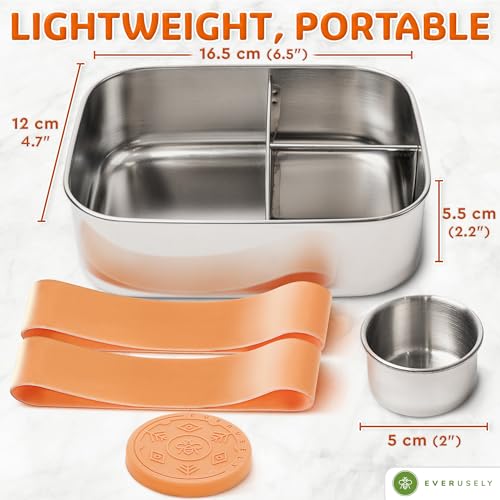 Everusely - Bento Box - Orange, 27oz / 0.8 L - Stainless Steel Lunch Box with Leakproof Condiment Container - 3 Compartment Snack Organizer for On the Go Meals - Freezer & Dishwasher Safe - Image 2