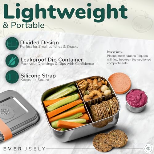 Everusely - Bento Box - Orange, 27oz / 0.8 L - Stainless Steel Lunch Box with Leakproof Condiment Container - 3 Compartment Snack Organizer for On the Go Meals - Freezer & Dishwasher Safe - Image 4