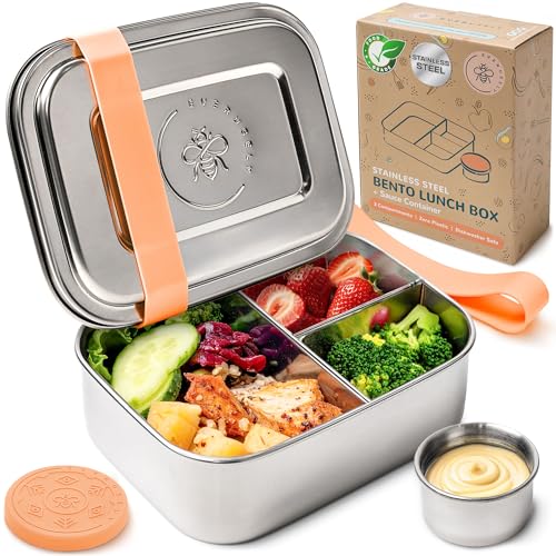 Everusely - Bento Box - Orange, 27oz / 0.8 L - Stainless Steel Lunch Box with Leakproof Condiment Container - 3 Compartment Snack Organizer for On the Go Meals - Freezer & Dishwasher Safe - Image 1