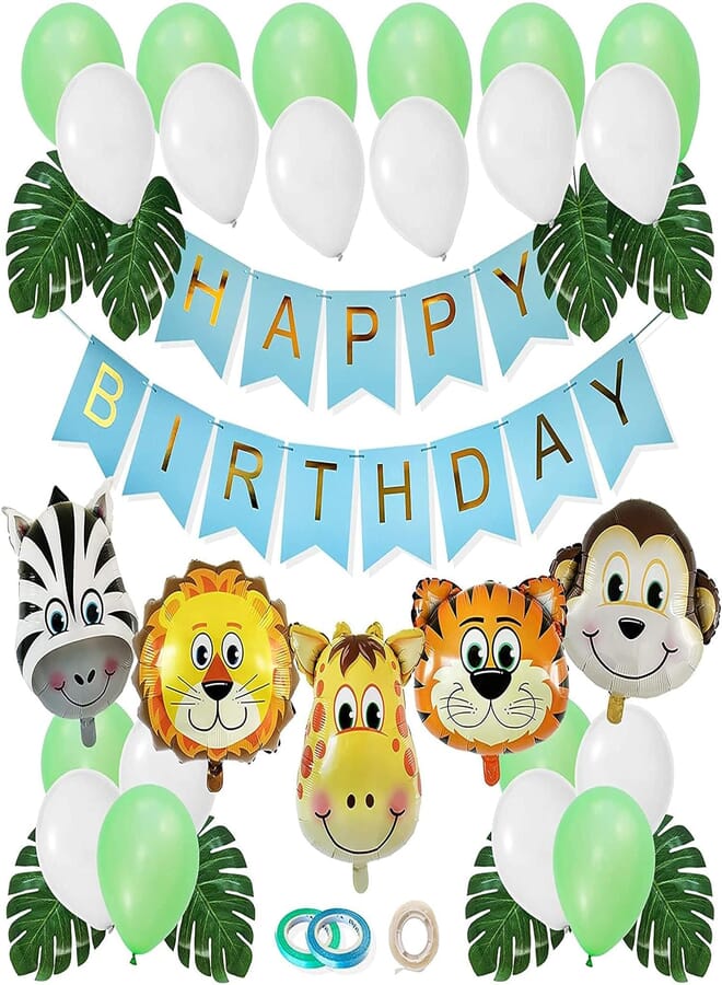 Secret Jungle Birthday Decorations Set with Happy Birthday Banner, Safari Animal Foil Balloons, Palm Leaves, Latex Balloons for Party Decorations, Party Supplies for Boys, Blue and Green