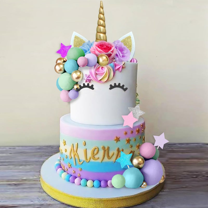DRWATE 38 PCS Unicorn Cake Topper Unicorn Flower Cake Decorations with Flowers Balls Stars Unicorn Happy Birthday Cake Decorations Flower - Image 3