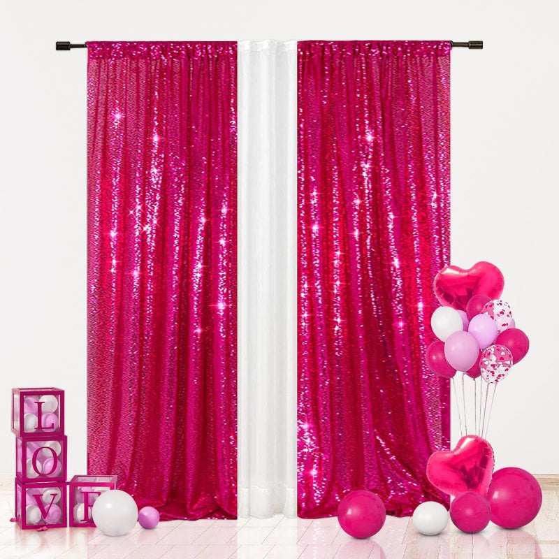 Eternal Beauty Hot Pink Sequin Backdrop Curtains Valentines Day Shimmer Back Drop 2Panels2FTx8FT for Christmas Party Birthday Photography Wedding Baby Shower Event Decoration