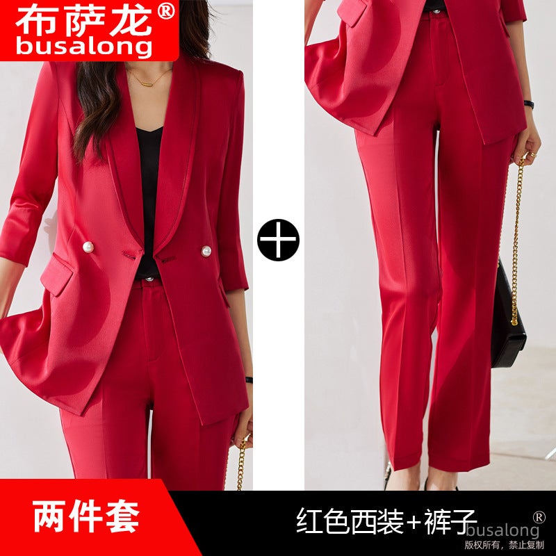 Summer Fashion Acetic Acid Satin Suit Suit Sleeve Elegant Suit Two-Piece Business Wear Dress - Image 1