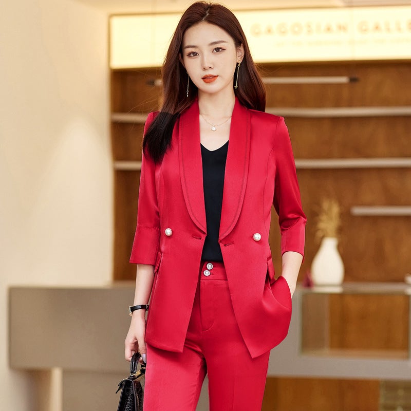 Summer Fashion Acetic Acid Satin Suit Suit Sleeve Elegant Suit Two-Piece Business Wear Dress - Image 5
