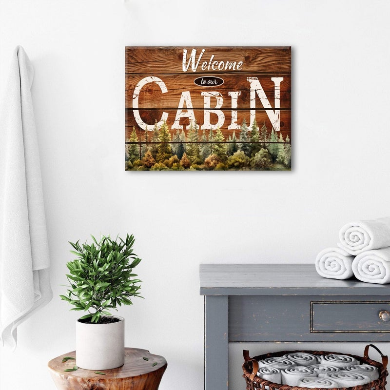sunfrower Farmhouse Cabin Wall Art Living Room Rustic Welcome Sign Pictures Wall Decor Nature Pine Trees Forest Brown Woodsy Grain Canvas Prints Lodge Woodland Painting Nursery Bedroom Home Decoration 12x16in - Image 2