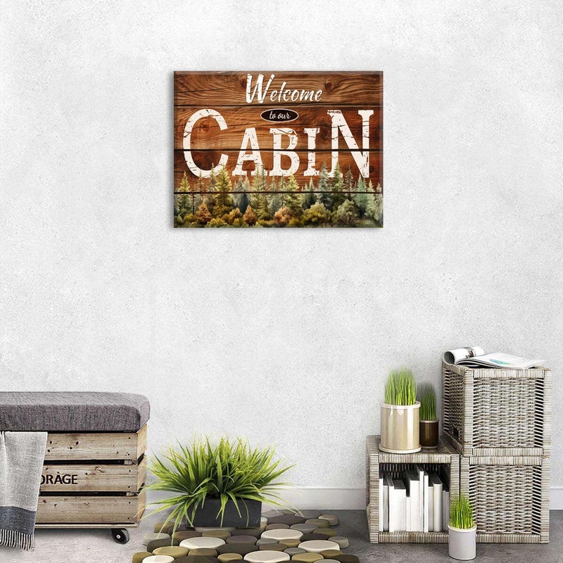 sunfrower Farmhouse Cabin Wall Art Living Room Rustic Welcome Sign Pictures Wall Decor Nature Pine Trees Forest Brown Woodsy Grain Canvas Prints Lodge Woodland Painting Nursery Bedroom Home Decoration 12x16in - Image 5