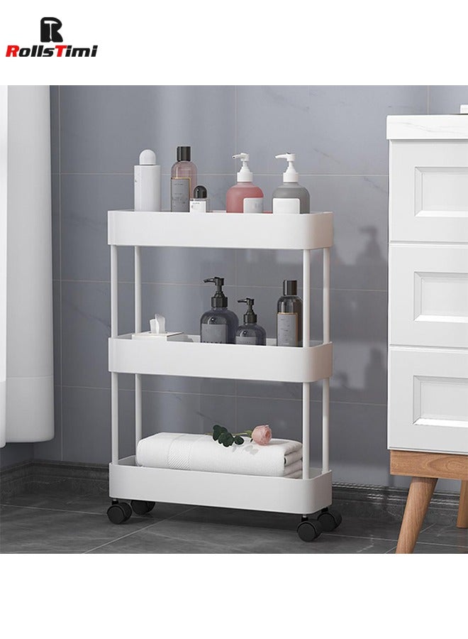 RollsTimi  Storage Trolley with Wheels, Kitchen Trolley with 3 Shelves, Narrow Storage Cabinet, Pull-Out Serving Trolley, Bathroom Trolley, White - Image 1