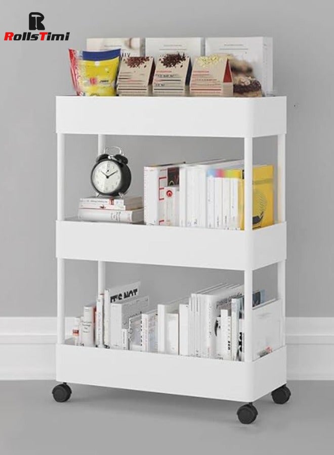 RollsTimi  Storage Trolley with Wheels, Kitchen Trolley with 3 Shelves, Narrow Storage Cabinet, Pull-Out Serving Trolley, Bathroom Trolley, White - Image 4