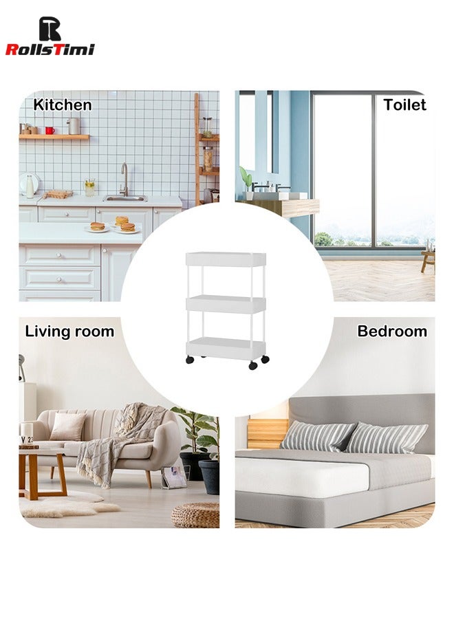 RollsTimi  Storage Trolley with Wheels, Kitchen Trolley with 3 Shelves, Narrow Storage Cabinet, Pull-Out Serving Trolley, Bathroom Trolley, White - Image 5