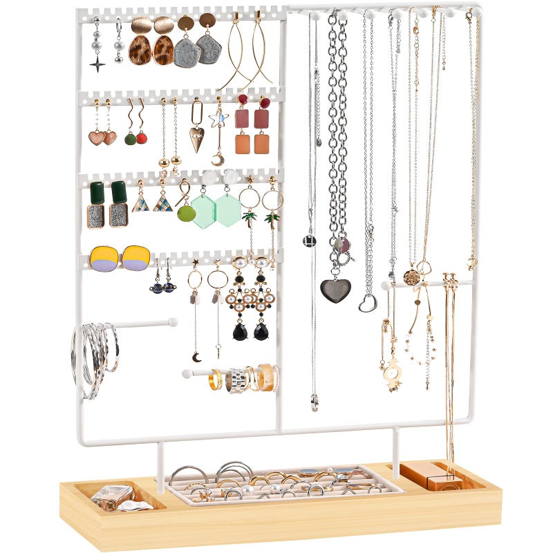ProCase Jewelry Organizer Stand Earring Holder Organizer 6 Tiers Earring Organizer Tree Necklace Rack Jewellery Tower Bracelets Holder Storage with Removable Wooden Ring Tray for Women Girls White - Image 2