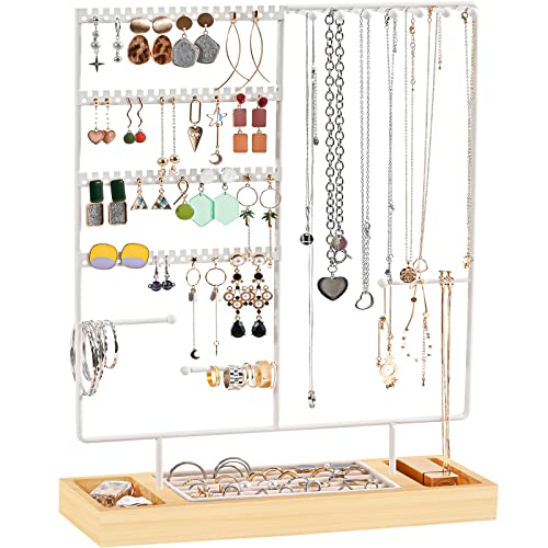 ProCase Jewelry Organizer Stand Earring Holder Organizer 6 Tiers Earring Organizer Tree Necklace Rack Jewellery Tower Bracelets Holder Storage with Removable Wooden Ring Tray for Women Girls White - Image 1