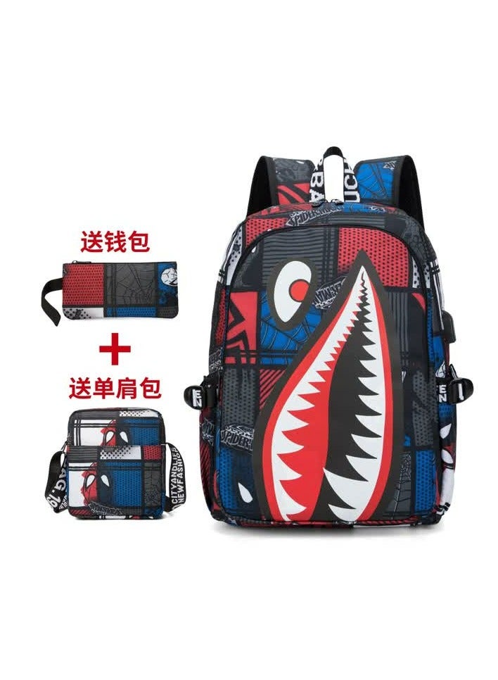 Primary school students' schoolbag 3-6 grade boys' backpack fashion waterproof simple junior high school Oxford cloth shark double backpack trend,Red Spider Charging Edition Three-piece Set  - Image 1
