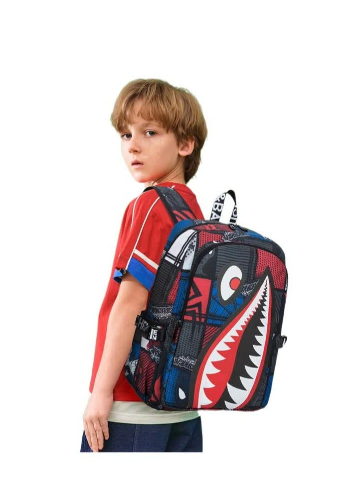 Primary school students' schoolbag 3-6 grade boys' backpack fashion waterproof simple junior high school Oxford cloth shark double backpack trend,Red Spider Charging Edition Three-piece Set  - Image 3