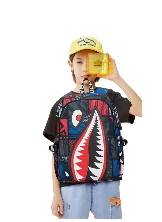 Primary school students' schoolbag 3-6 grade boys' backpack fashion waterproof simple junior high school Oxford cloth shark double backpack trend,Red Spider Charging Edition Three-piece Set  - Image 2