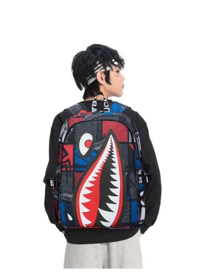 Primary school students' schoolbag 3-6 grade boys' backpack fashion waterproof simple junior high school Oxford cloth shark double backpack trend,Red Spider Charging Edition Three-piece Set  - Image 4