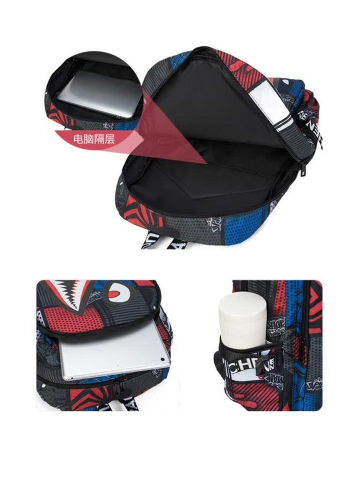 Primary school students' schoolbag 3-6 grade boys' backpack fashion waterproof simple junior high school Oxford cloth shark double backpack trend,Red Spider Charging Edition Three-piece Set  - Image 5