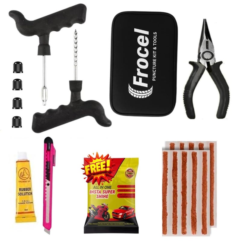 FROCEL Premium 8in1 Universal Tubeless Tire Puncher Kit Emergency Flat Tire Repair Patch Puncture Kit for Car, Bike, SUV, & Motorcycle with Storage Bag, Polish,Glue, Plier - Image 1