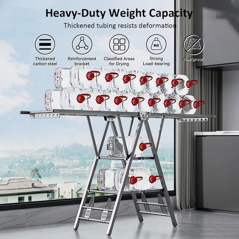 TDOO Standing Foldable Clothes Drying Rack, 3 Height Adjustable Clothes Dryer,Laundry Drying Rack with 4 Shoe Holder, 3-Layer Clothes Rack with for Sheets Towels & Clothing, Windproof, Indoor Ou r Use - Image 3