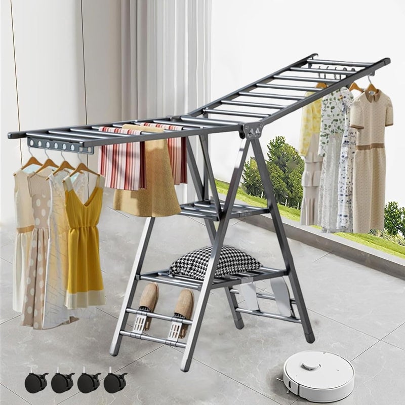 TDOO Standing Foldable Clothes Drying Rack, 3 Height Adjustable Clothes Dryer,Laundry Drying Rack with 4 Shoe Holder, 3-Layer Clothes Rack with for Sheets Towels & Clothing, Windproof, Indoor Ou r Use - Image 1