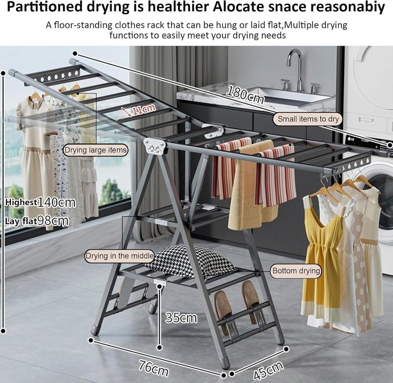 TDOO Standing Foldable Clothes Drying Rack, 3 Height Adjustable Clothes Dryer,Laundry Drying Rack with 4 Shoe Holder, 3-Layer Clothes Rack with for Sheets Towels & Clothing, Windproof, Indoor Ou r Use - Image 2
