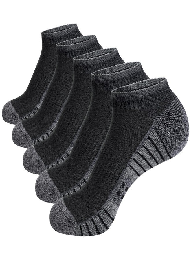 YUEDGE Men's Low Cut Athletic Socks, Terry Cushioned Running Socks, OEKO‑TEX Certified Combed Cotton Ankle Socks For Gym Golf Daily, Size 10-13, Black, 5 Pairs - Image 1