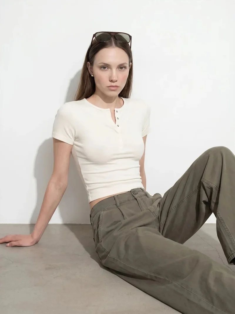 Dilvin DILVIN Slim Fit Crop Jersey Blouse