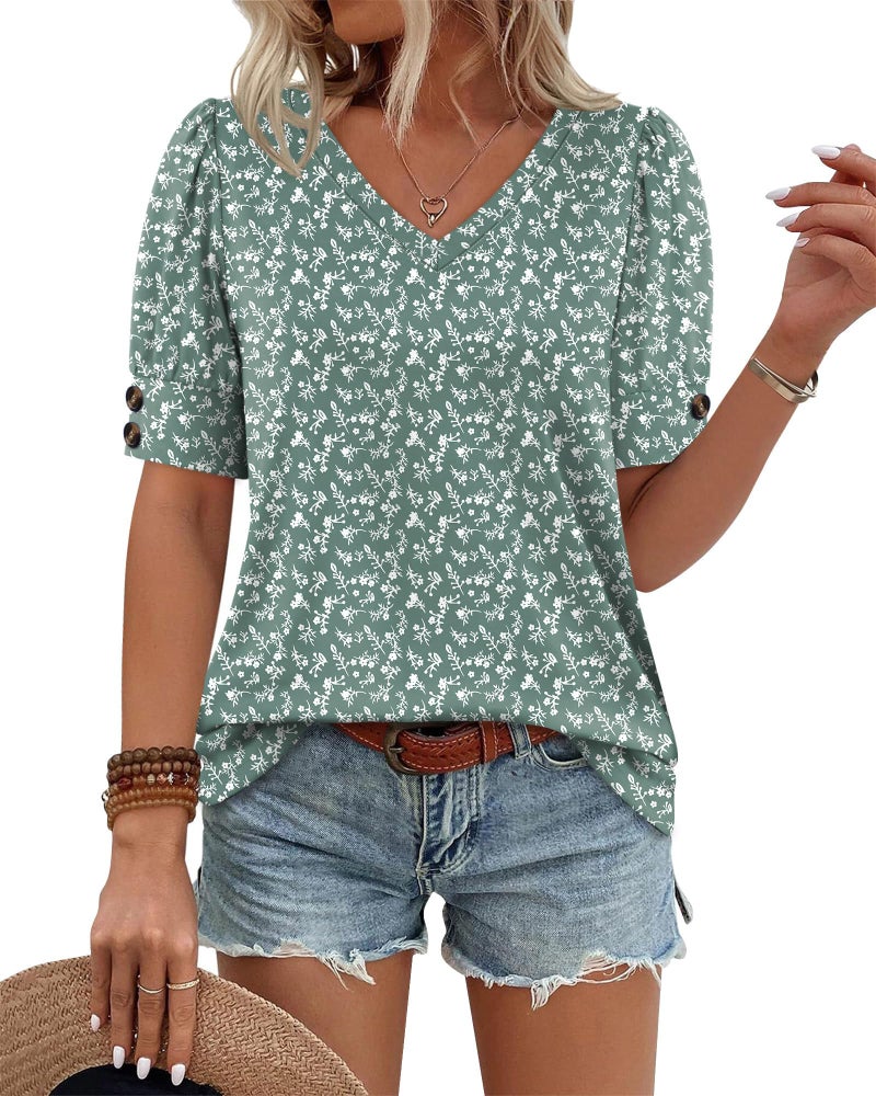 OFEEFAN Spring Tops for Women 2026 Short Sleeve Shirts Summer Outfits Plus Size Clothes Dressy Casual Blouses Business Work Travel Essentials Floral Green 2XL - Image 2