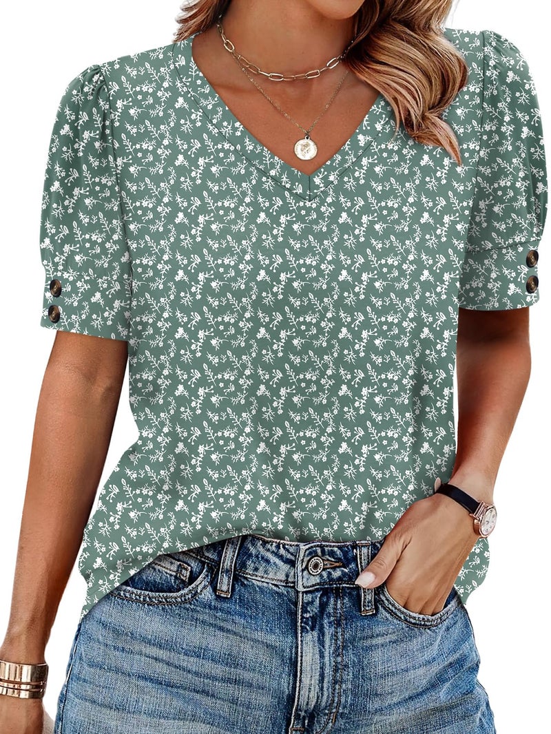 OFEEFAN Spring Tops for Women 2026 Short Sleeve Shirts Summer Outfits Plus Size Clothes Dressy Casual Blouses Business Work Travel Essentials Floral Green 2XL - Image 1