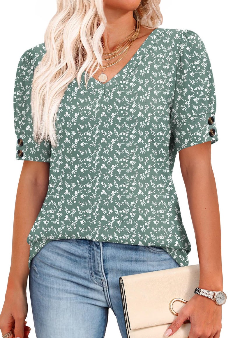 OFEEFAN Spring Tops for Women 2026 Short Sleeve Shirts Summer Outfits Plus Size Clothes Dressy Casual Blouses Business Work Travel Essentials Floral Green 2XL - Image 4
