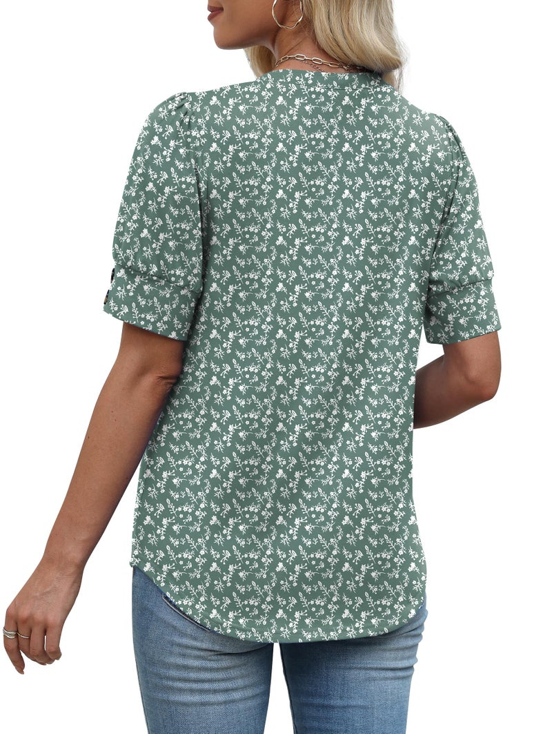OFEEFAN Spring Tops for Women 2026 Short Sleeve Shirts Summer Outfits Plus Size Clothes Dressy Casual Blouses Business Work Travel Essentials Floral Green 2XL - Image 5