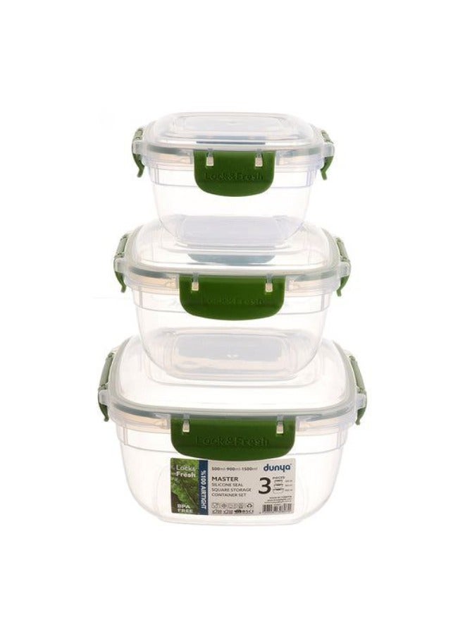 Dunya Plastik Dunia Fresh & Lock Green Rectangular 3-Piece Food Storage Refrigerator Container Set - With Airtight Lid - BPA Free - (900-1500-2400) ML - Image 1