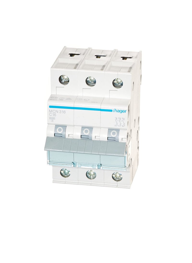 Hager HAGER Miniature circuit breaker Three Pole 16A 6KA TP MCB TYPE C MCN316 *ONEKONEKT*  - Image 1