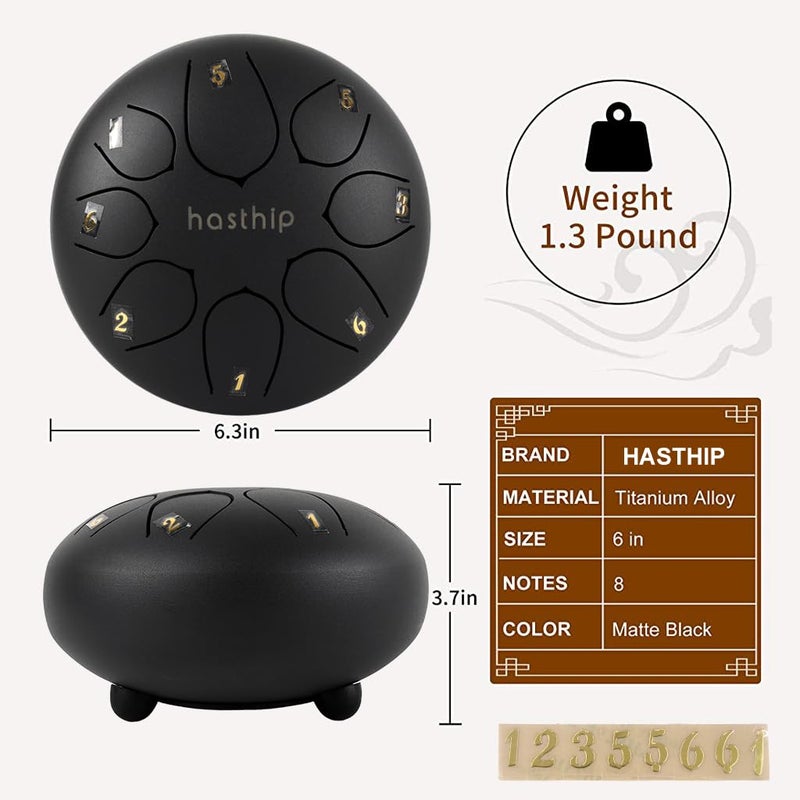 HASTHIP ® Steel Tongue Drum 8 Note, 6 inch Percussion Instrument Handpan Drum with Bag, Music Book and Mallets for Kids and Adults Meditation Musical Education Concert Mind Healing Yoga (Black) - Image 3